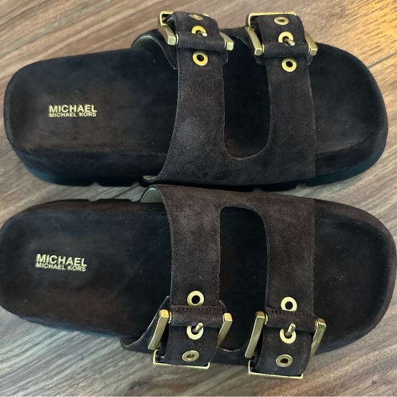 Michael Kors Colby Suede Dark Brown Sandals with Gold Accents - Picture 5 of 6